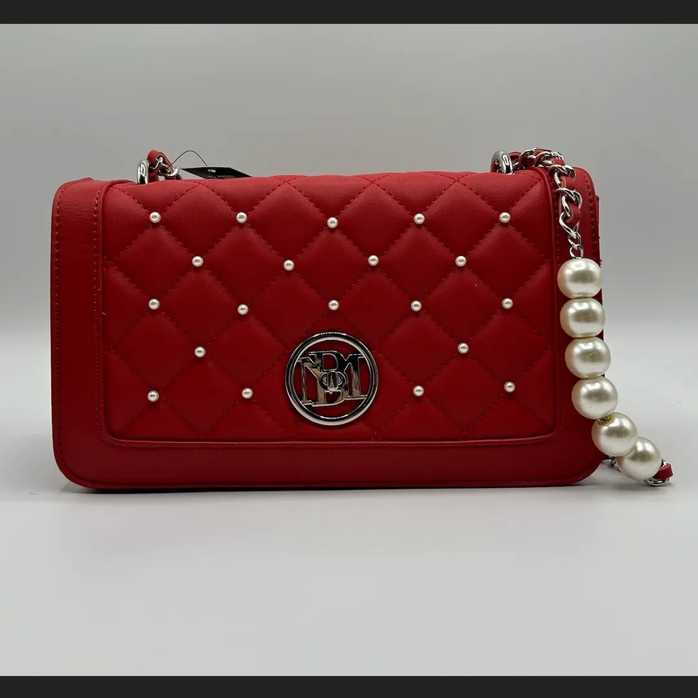 Badgley Mischka Red Quilted Crossbody Bag with Silver Chain
